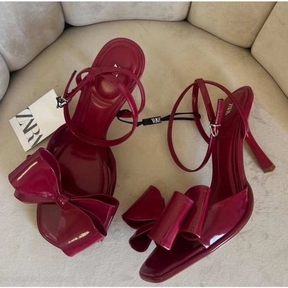 Zara NWT Red Patent Bow Strappy High Heel Sandals Size 8 - Picture 7 of 16